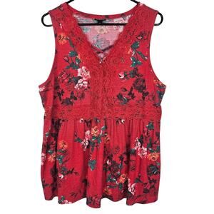 Torrid Top Floral Blouse Women 2X Red Lace Blouse V Neck Top Women Babydoll Top